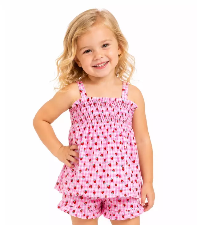 GIRLS PINK Strawberry Plaid Print Smocked Top With Ruffle Woven Short Set- 2844602
