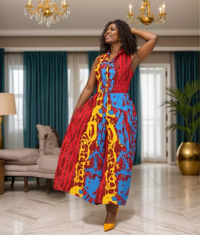 5011 - Three Button Authentic African Long Jumpsuit (3 PCS PRE-PACK) - $20.00 EACH — One Size (4 - 24) / Print-667