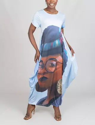 23032- Women's Plus Size Maxi Dress Digital Face-Print Knit Maxi Dress - One Size (3-PCS PRE-PACK) ($20.00 Each)