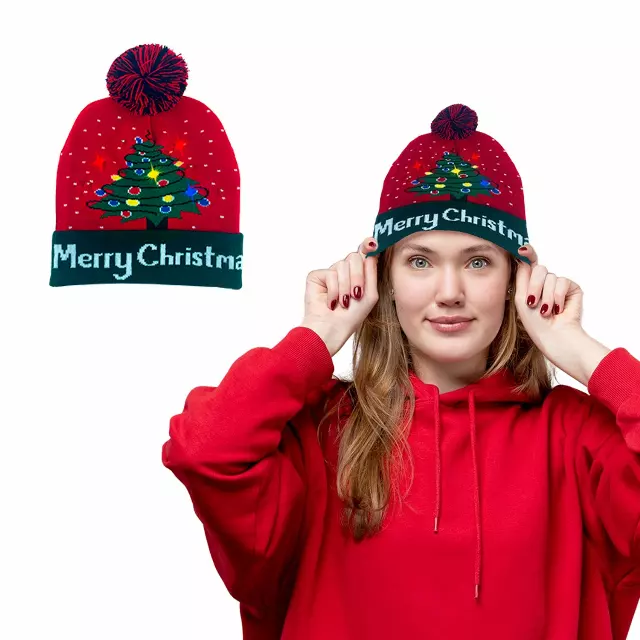 Christmas 2025 Colorful Warm LED Holiday Pom Pom Beanie Hat — Tree