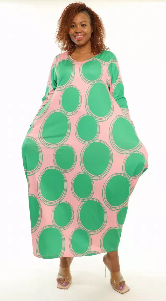 CHH22094 ON SALE!!!Circle Print Knit Maxi Dress- One Size (3-PCS Per Pack) ($12.00 Each) — 3-Pcs PRE-PACK / PINK/GREEN