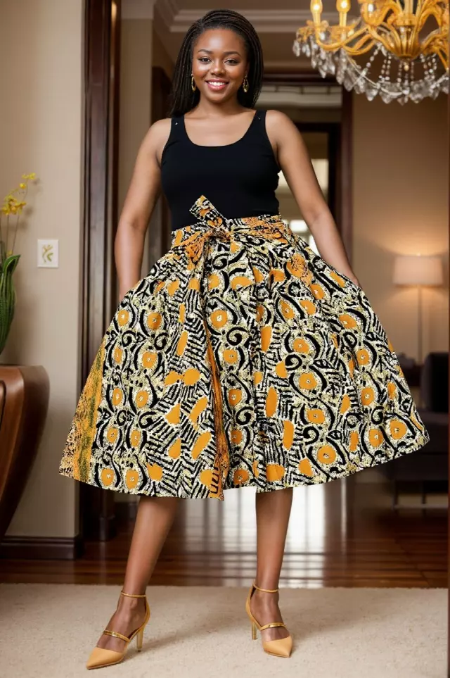 7012 - NEW PRINTS!! African Print Mid Length Skirt 28" (3/pk_ Free Size - $18.00 Each — One Size / Print-377