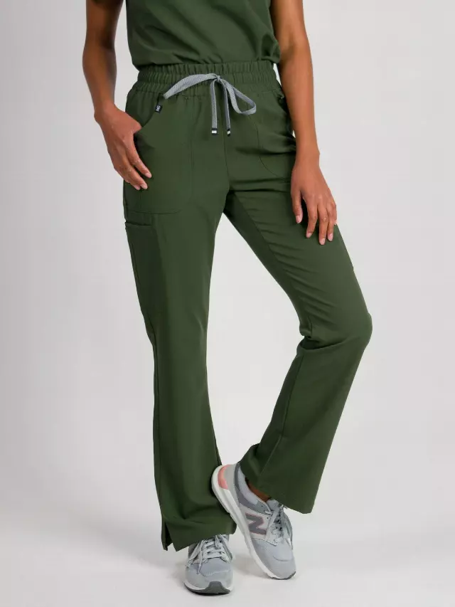 Sydney | High Waisted Slim Flare Scrub Pants — Army Green / XS