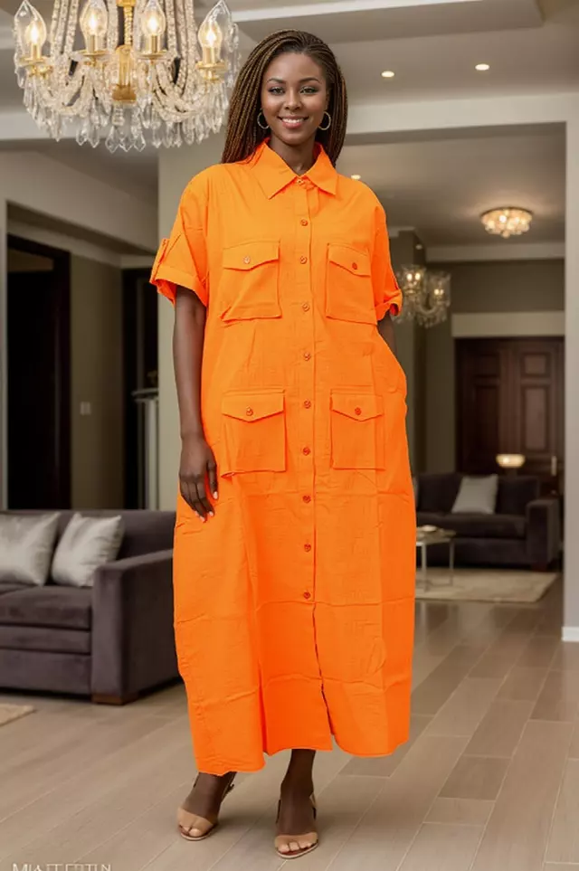 7897 - Ankle Length Button Down 4-Pockets Maxi Dress - $25.00 Each (3 pcs per pack) — Free Size / Orange