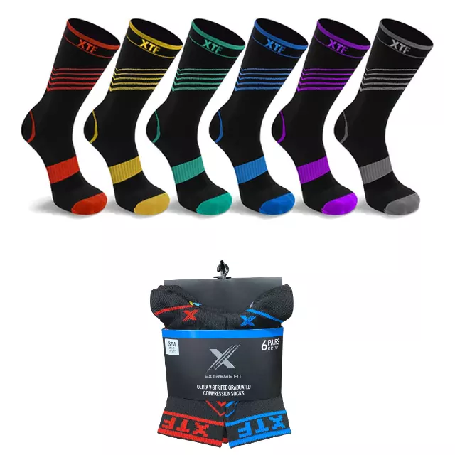 6-Pairs: Striped Design Crew Length Recovery Compression Socks — Small/Medium