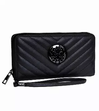 Rebecca & Rifka Smooth Chevron Quilted Medallion Zip Wristlet Wallet — BK/BK