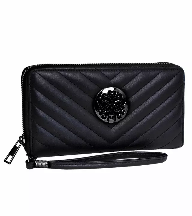 Rebecca & Rifka Smooth Chevron Quilted Medallion Zip Wristlet Wallet — BK/BK