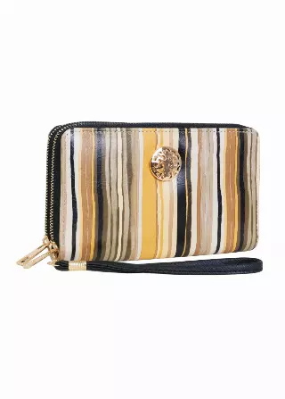 Rebecca & Rifka Multi Stripe Print Medallion Double Zip Wristlet Wallet — TAUPE/MUL