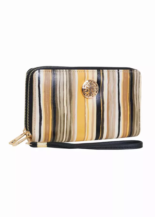 Rebecca & Rifka Multi Stripe Print Medallion Double Zip Wristlet Wallet — TAUPE/MUL