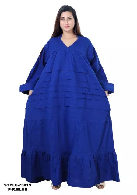 7581S - 100% COTTON SOLID COLOR PLEATED BOTTOM FRILL MAXI DRESS (3 PCS PRE-PACK) - $30.00 EACH — One Size (4-24) / Blue