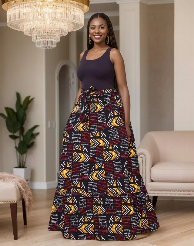 7778 - 3-Tiered African Print Skirt - (3-PCS PRE-PACK) - $20 Each — One Size / Print-601 / 3-Pcs Per Pack