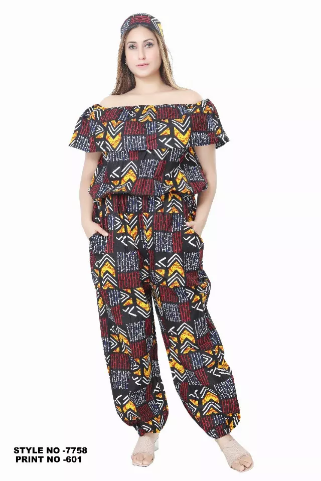 7758- Off Shoulder African Wax Jumpsuit (3 PCS PRE-PACK) - $20 Each — One Size (4 - 26) / Print-601