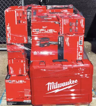 Milwaukee Tools pallet · Grade A shelf pulls and tested open-box returns