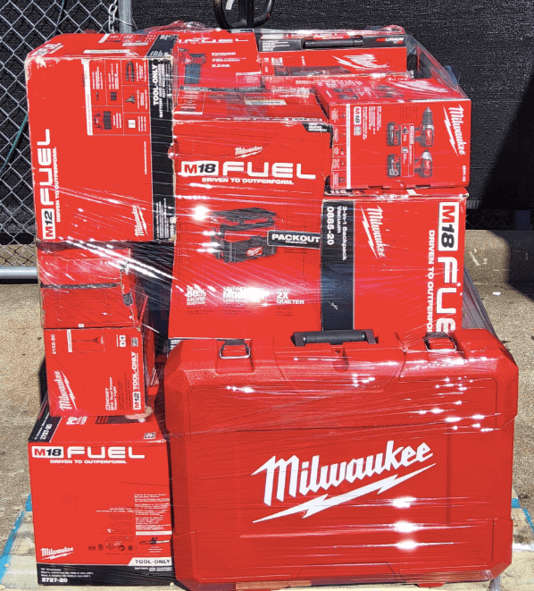 Milwaukee Tools pallet · Grade A shelf pulls and tested open-box returns