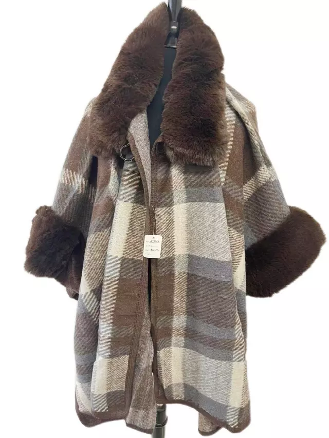 TX523 Faux Fur Plaid Cape — Brown