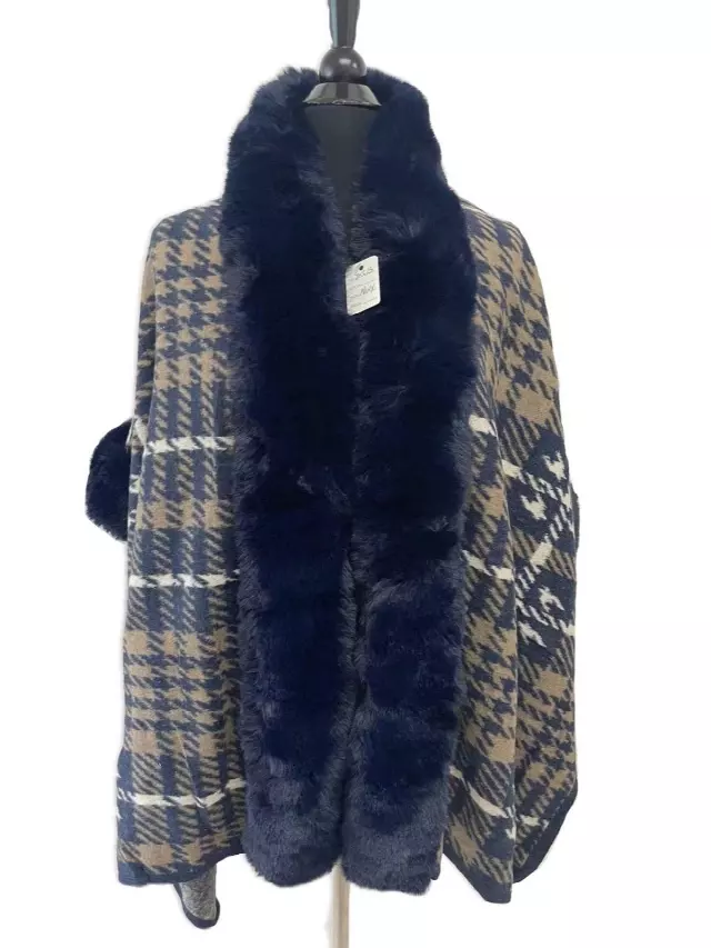 TX513 Faux Fur Houndstooth Pattern Cape — Navy