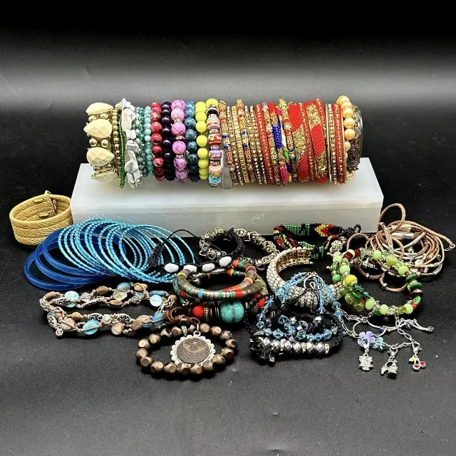 Vintage to Modern Costume Jewelry Lot 45+ Bracelets Bangles Beaded Boho Charms