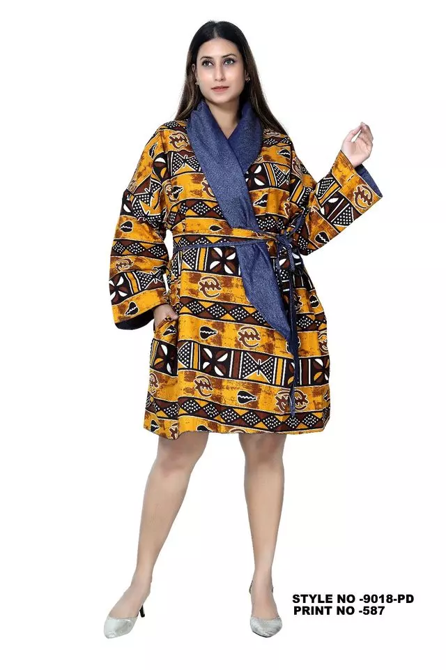 9018PD - Denim /Ankara Print Jacket w Belt - One Size (3pcs PRE-PACK) ($35 Each) — One Size / Print-587
