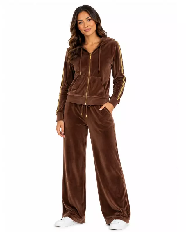 Women’s Velour Zip Hoodie & Wide-Leg Pant Set #08 — Brown / S-M-L