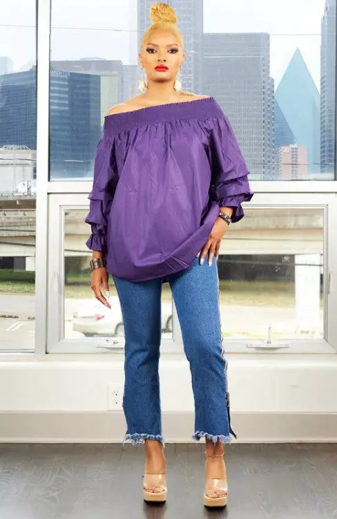 CHH-17068- Off-the-Shoulder Top with Ruffled Sleeves - One Size (12-PCS PRE-PACK)$13 Each — One Size (4-22) / Purple