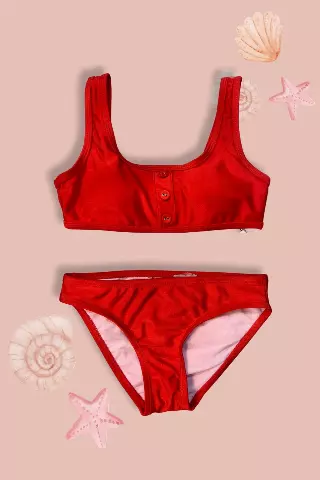H2377 Kids Red Buttons Two Piece