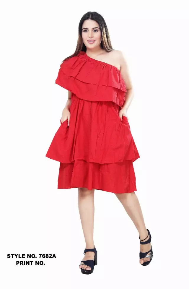 7682S - 100% Solid Color One-shoulder Dress (3 PCS PRE-PACK) - $20.00 EACH — One Size (4-24) / Red