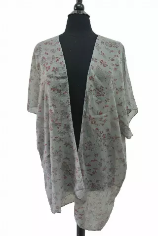 BF718 Floral Pattern Spring Kimono — Grey
