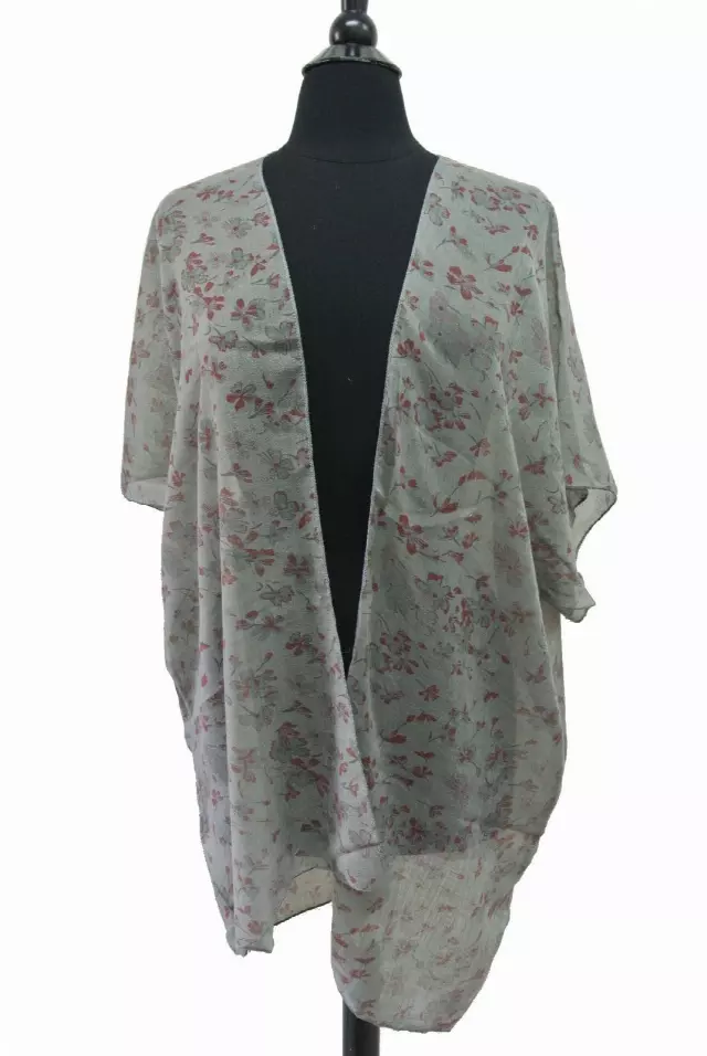 BF718 Floral Pattern Spring Kimono — Grey