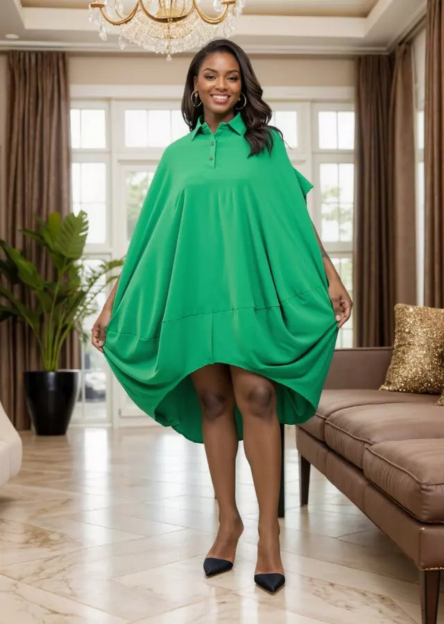 26018 - Elegant Collared Midi Hi-low Baggy Dress - $15.00 Each (3 pcs per pack) — Free Size / Print-26019