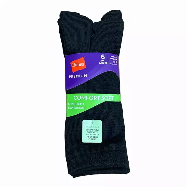 #6-H-03446 Women’s ‘Hanes’ Black Crew Socks – $2.50 Per 6 Pair Pack (10 Packs)