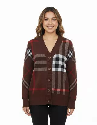 Button-Down Cardigan With Bold Plaid Design — Apricot / S-M-L-XL-2XL