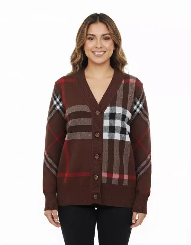 Button-Down Cardigan With Bold Plaid Design — Apricot / S-M-L-XL-2XL