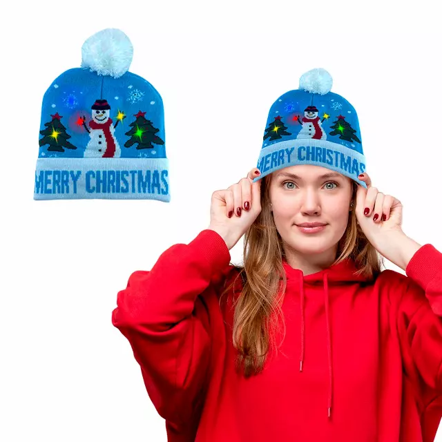 Christmas 2025 Colorful Warm LED Holiday Pom Pom Beanie Hat — Merry Xmas