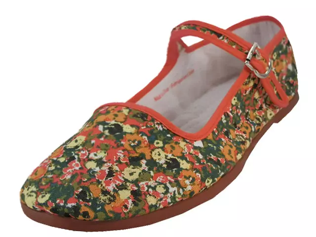 T5 - Women's Cotton Upper Printed Classic Mary Jane Shoes — Red Daisy Floral Printed (T5-1167) / 6-10 Case