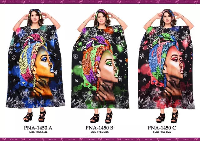 PNA-1450 Women's Digital Print Long Comfortable Kaftan Dress with HeadWrap- One Size (6-PCS PRE-PACK) - $7 Each — One Size (4-24) / 6pcs Assorted Color