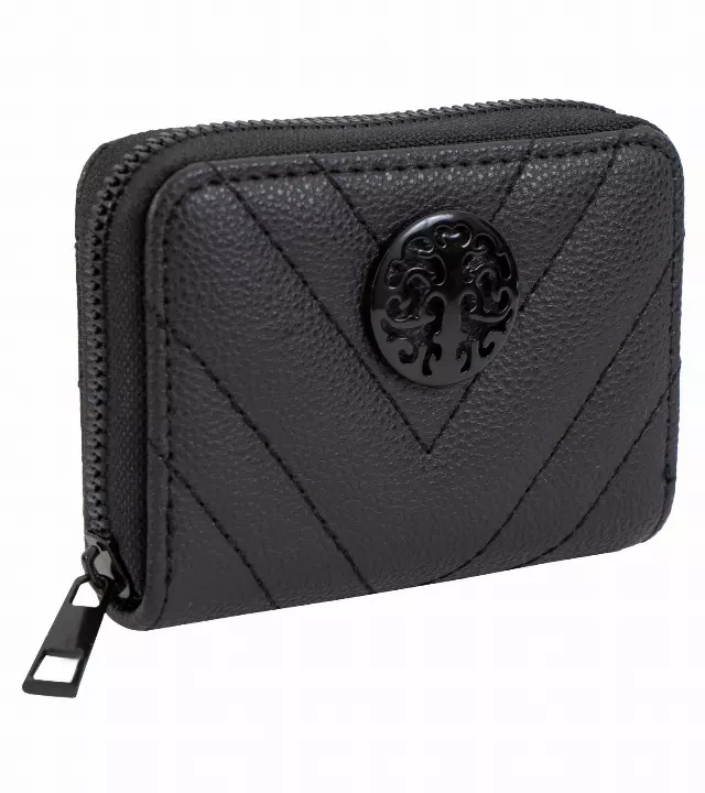 Rebecca & Rifka Quilted Pebble Chevron Medallion Zip Accordion Wallet — BK/BK