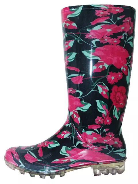RB-45 - Wholesale Women's "Easy USA" 13.5 Inches Super Soft Rubber Rain Boot — Black/Red Floral Printed (RB-45) / 5-10 Assorted