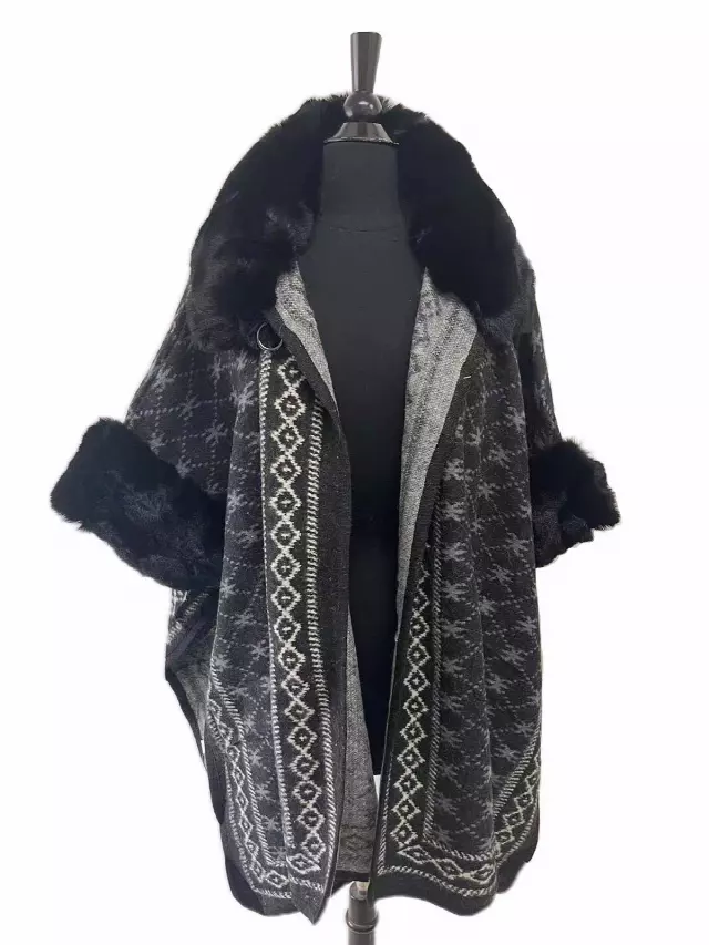 TX519 Faux Fur Pattern Cape — Black