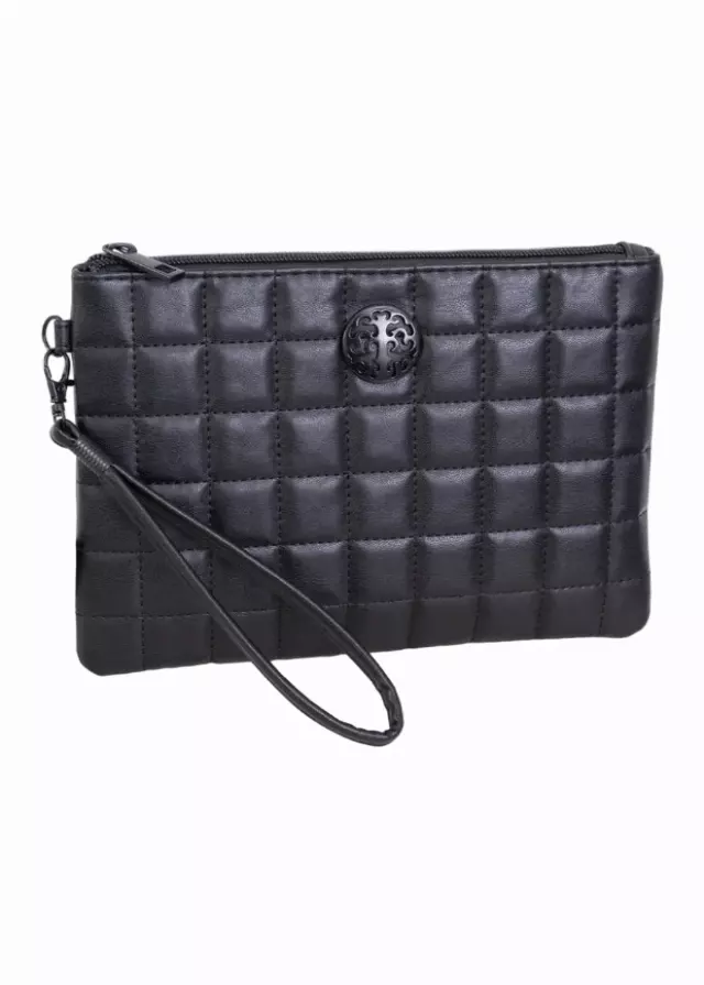 Rebecca & Rifka Smooth Boxed Quilt Medallion Zip Wristlet — BK/BK