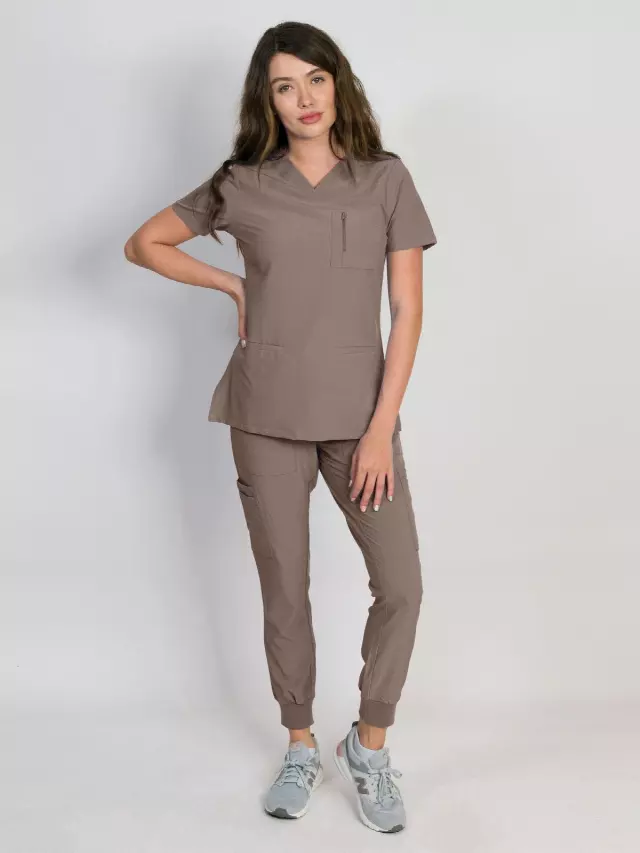Fleur | Zip Pocket Top & Jogger Scrubs Set — Taupe / XS