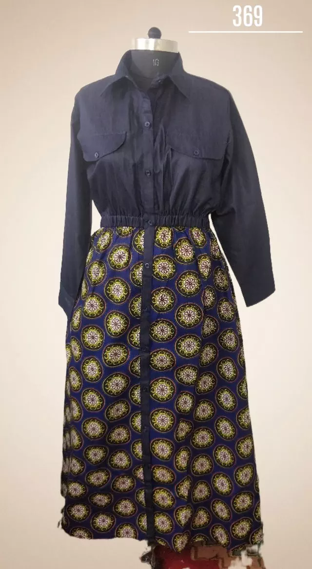 9033 - Full Length Dress (Denim & African Print) - 3/pk Free Size ON SALE!! - $12.00 Each — Free Size / Print-369