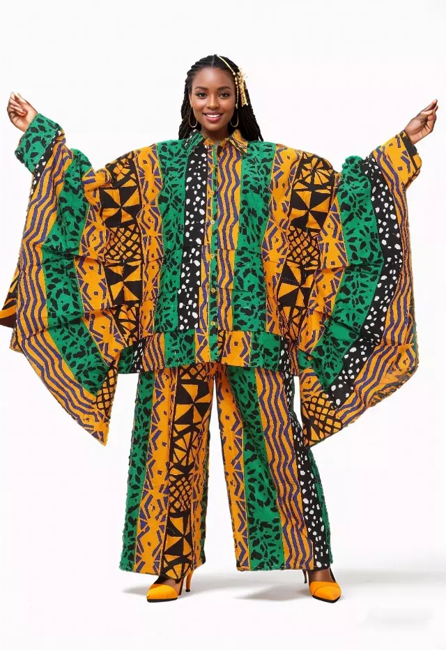 7895 Ankara Print 2pc Pant Set (Long Bat Sleeves) - $30.00 Each (3 pcs per pack) — Free Size / Print-649