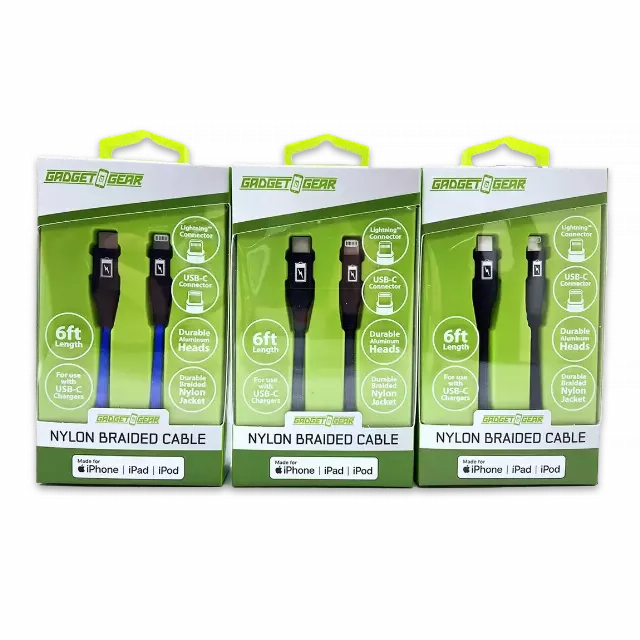 Charging Cable Braided Nylon USB-C to Lightning 6FT 2.4 Amp - 3 Pieces Per Pack 24606