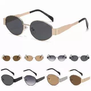 Retro Oval Metal Sunglasses with Wide Flat Side Temples and Curved Black Tips J11086