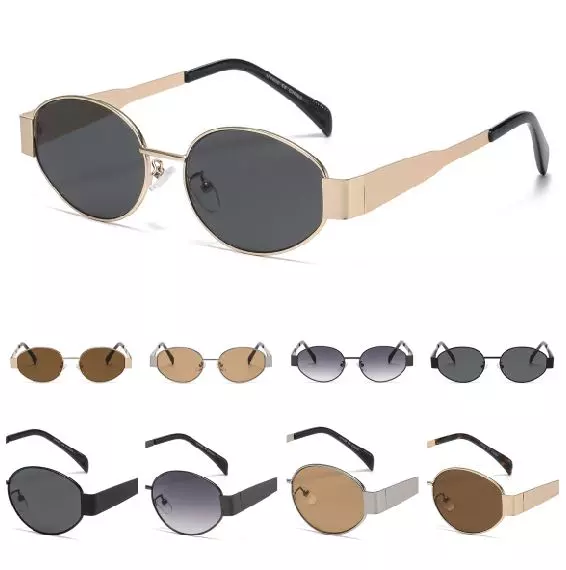 Retro Oval Metal Sunglasses with Wide Flat Side Temples and Curved Black Tips J11086