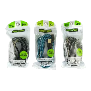 Charging Cable Elite Cloth USB to Lightning 9FT 2.4 Amp - 3 Pieces Per Pack 21156