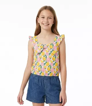 GIRLS PINK Woven Top with Bow and Denim Short Set - 2166267