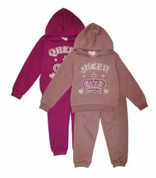 Girls “Queen” Screen Hoodie & Jogger Set – Pink & Brown (Ages 7–12) – 8629627