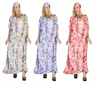 CHH-17026- Women's Tie-Dye Print Long Kaftan Dress With Head Wrap - One Size (6-PCS PRE-PACK)