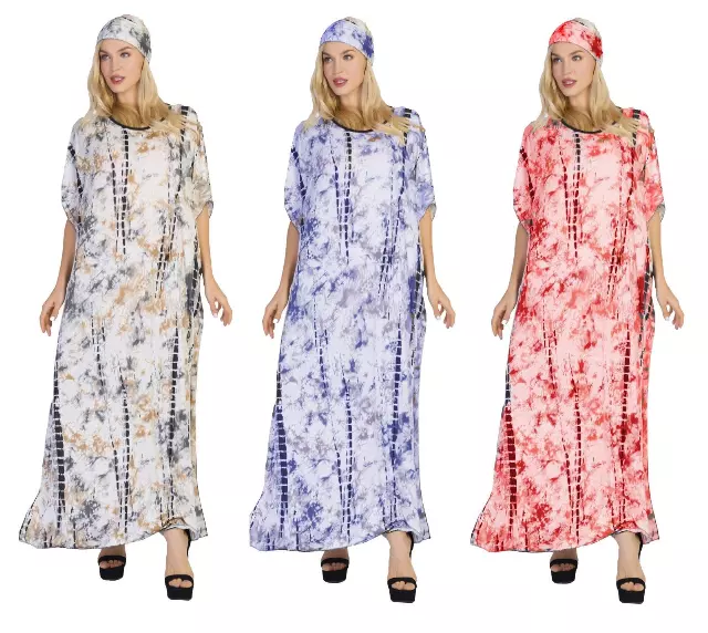 CHH-17026- Women's Tie-Dye Print Long Kaftan Dress With Head Wrap - One Size (6-PCS PRE-PACK)
